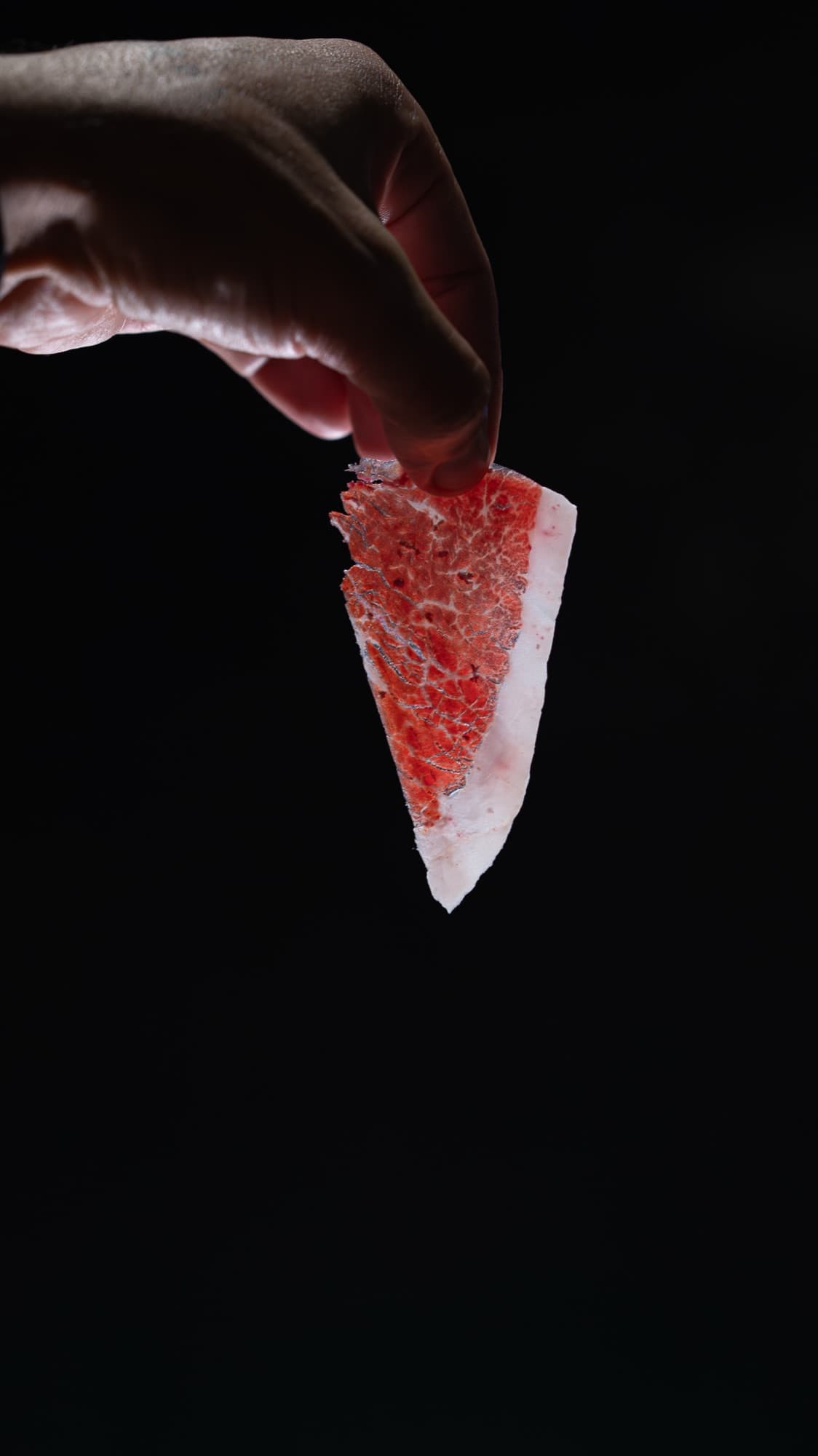 Fatia de jamón ibérico segurada à mão, textura e gordura em detalhe