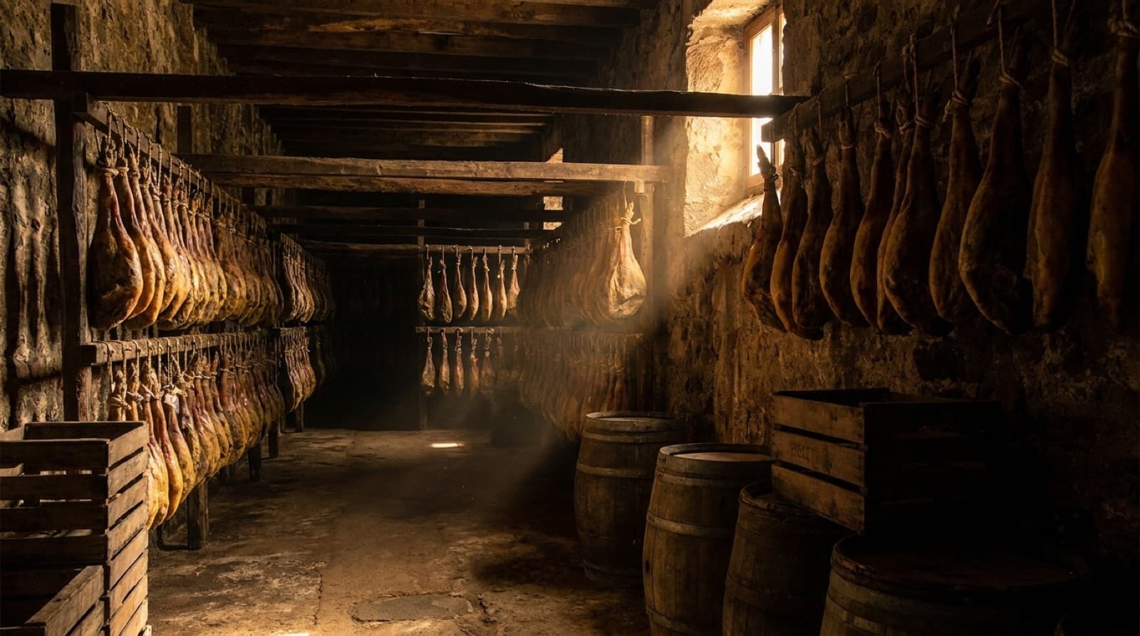 Bodega tradicional com fileiras de jamón ibérico durante a cura