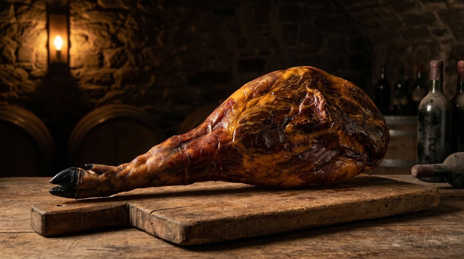 Pernil de jamón ibérico pata negra curado sobre tábua de madeira numa adega escura