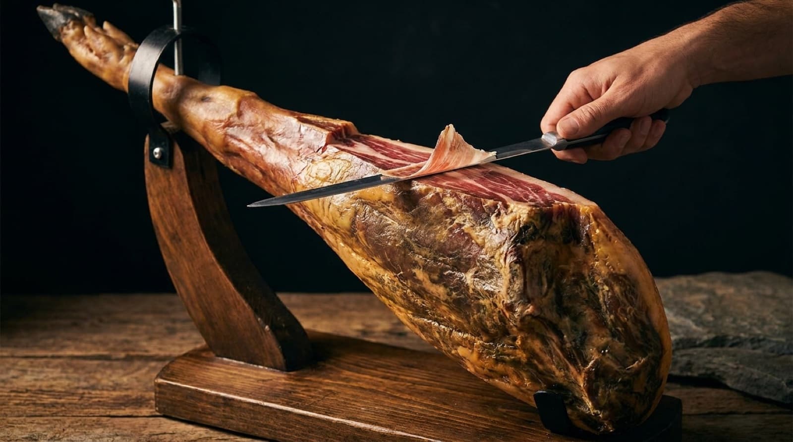 Jamón ibérico num suporte de corte, mão fatiando à faca sobre fundo escuro
