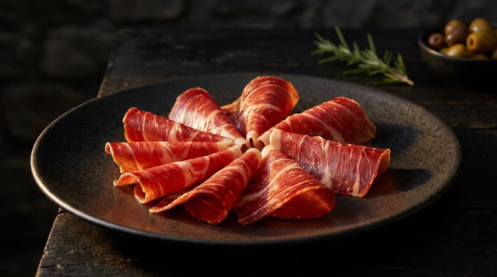 Prato escuro com fatias de jamón ibérico cortadas à mão, dispostas em pétala