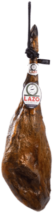 Jamón Lazo pendurado numa adega, com a faixa da D.O.P. Jabugo