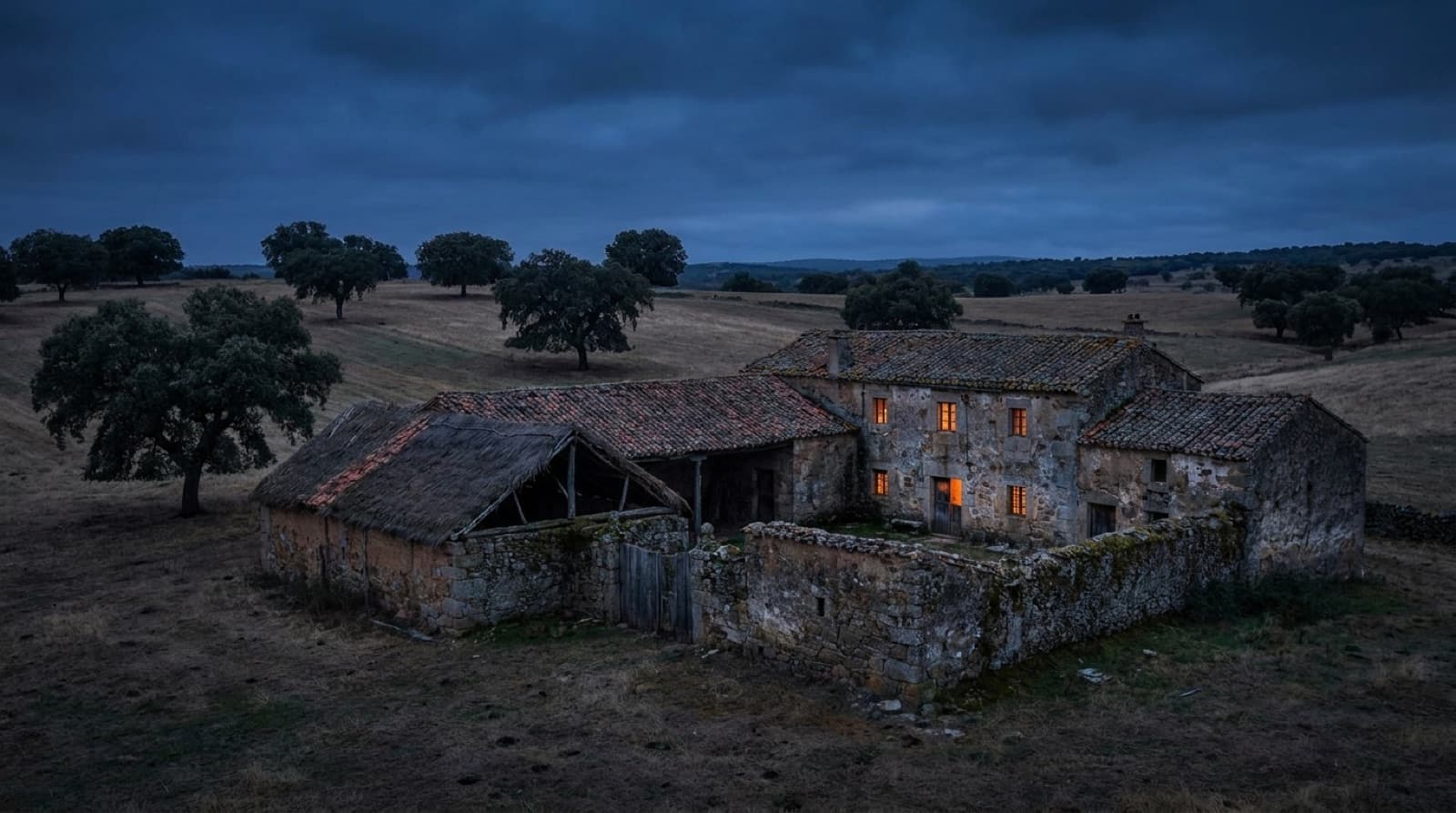 Casa de pedra e secadouro no campo de Salamanca ao entardecer
