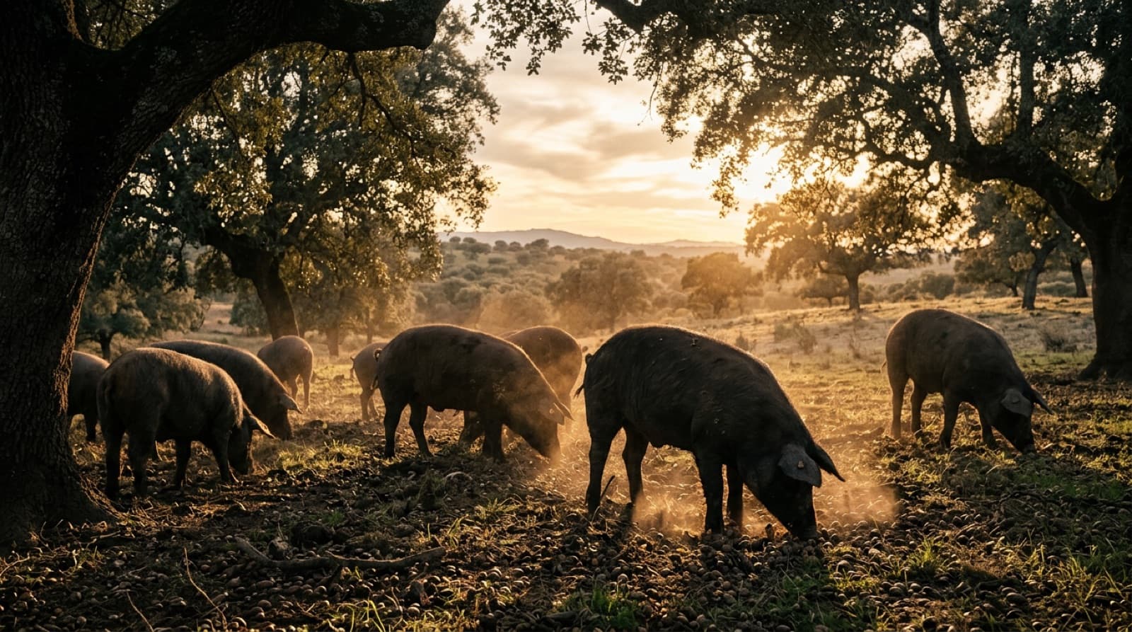Porcos ibéricos pata negra na montanera, sob azinheiras da Extremadura