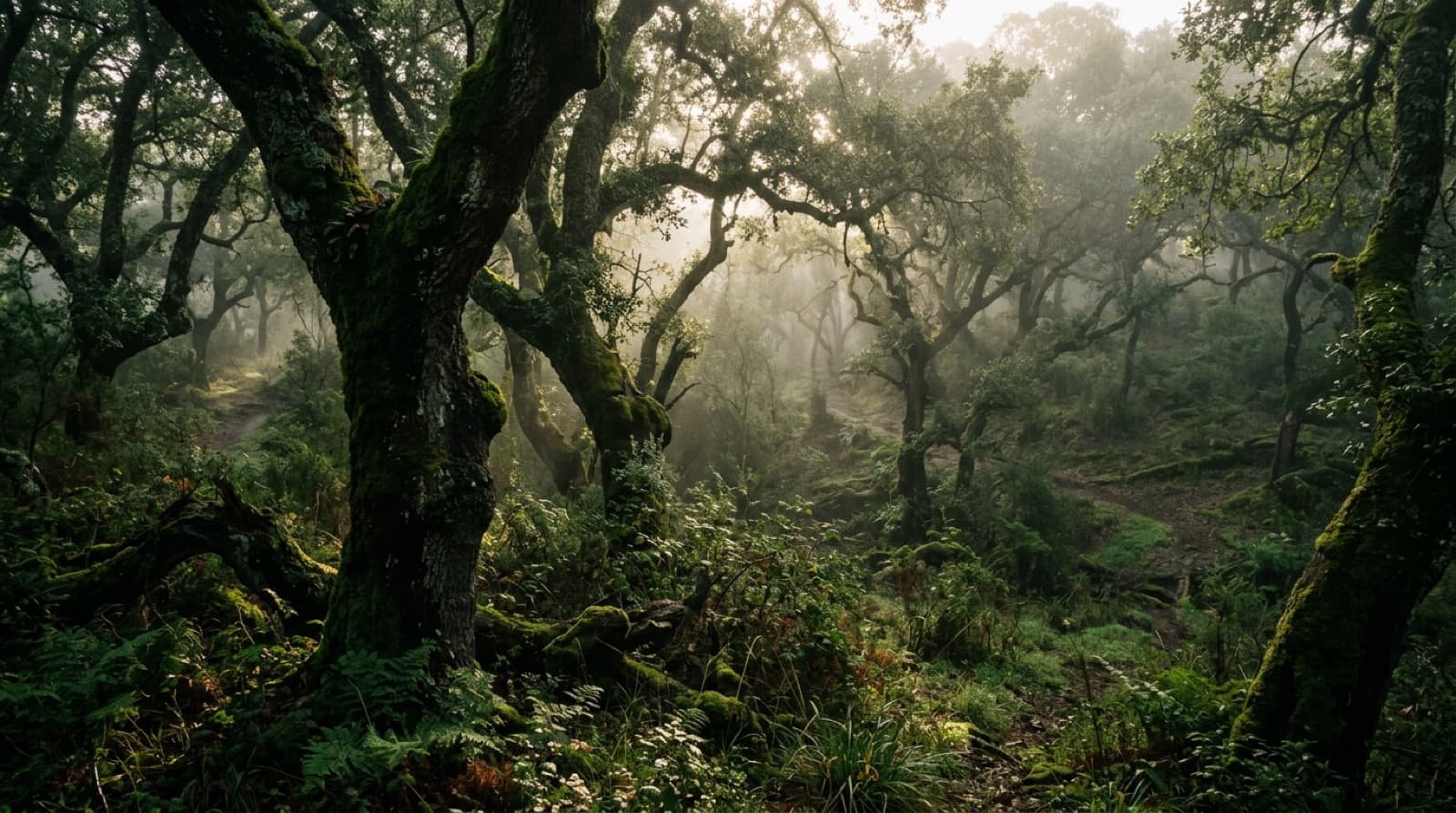Bosque verde de sobreiros na Sierra de Aracena, em Huelva, pela manhã